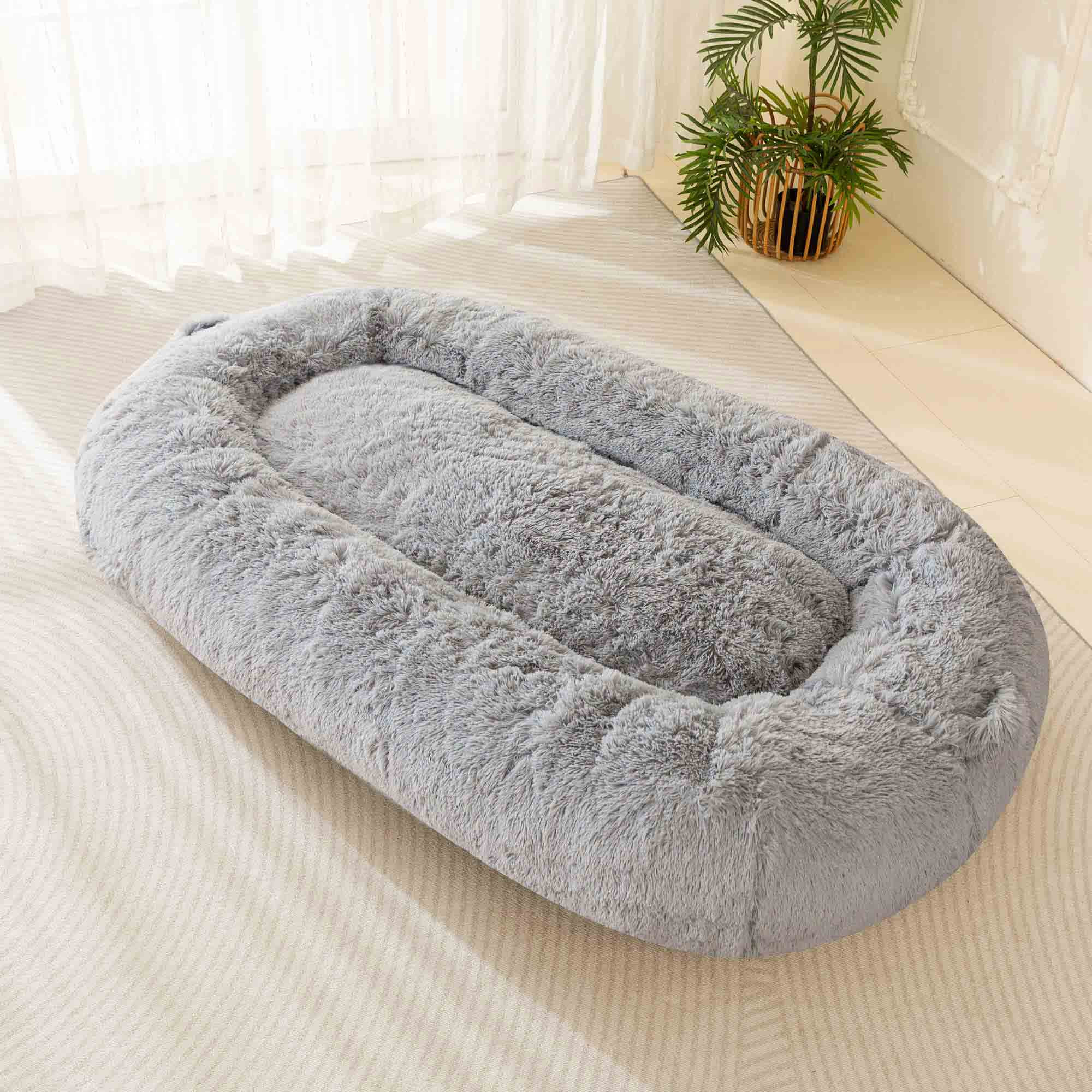 MAXYOYO Human Dog Bed, Long Faux Fur Giant Bean Bag Bed for Humans and Pets, Faux Fur Grey