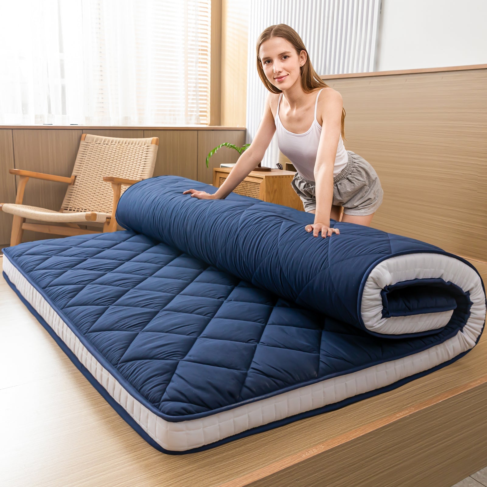 MAXYOYO Full Size Japanese Floor Mattress Quilted Mattress Topper, Navy