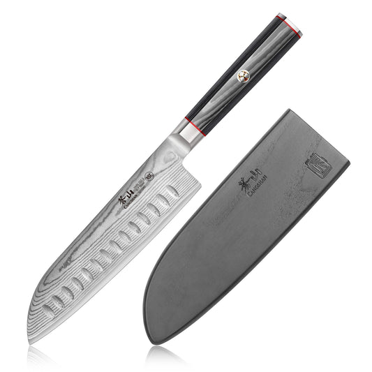 YARI Series 7-Inch Santoku Knife with Sheath, X-7 Damascus Steel, 501240