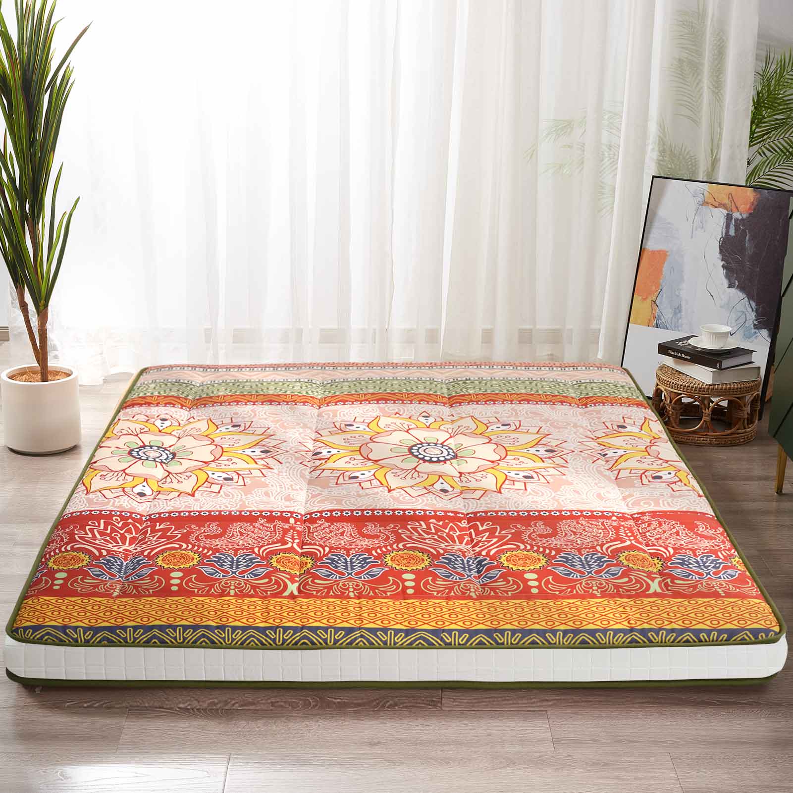 MAXYOYO Bohemian Retro Japanese Floor Mattress, Lotus Printed Roll Up Futon Mattress