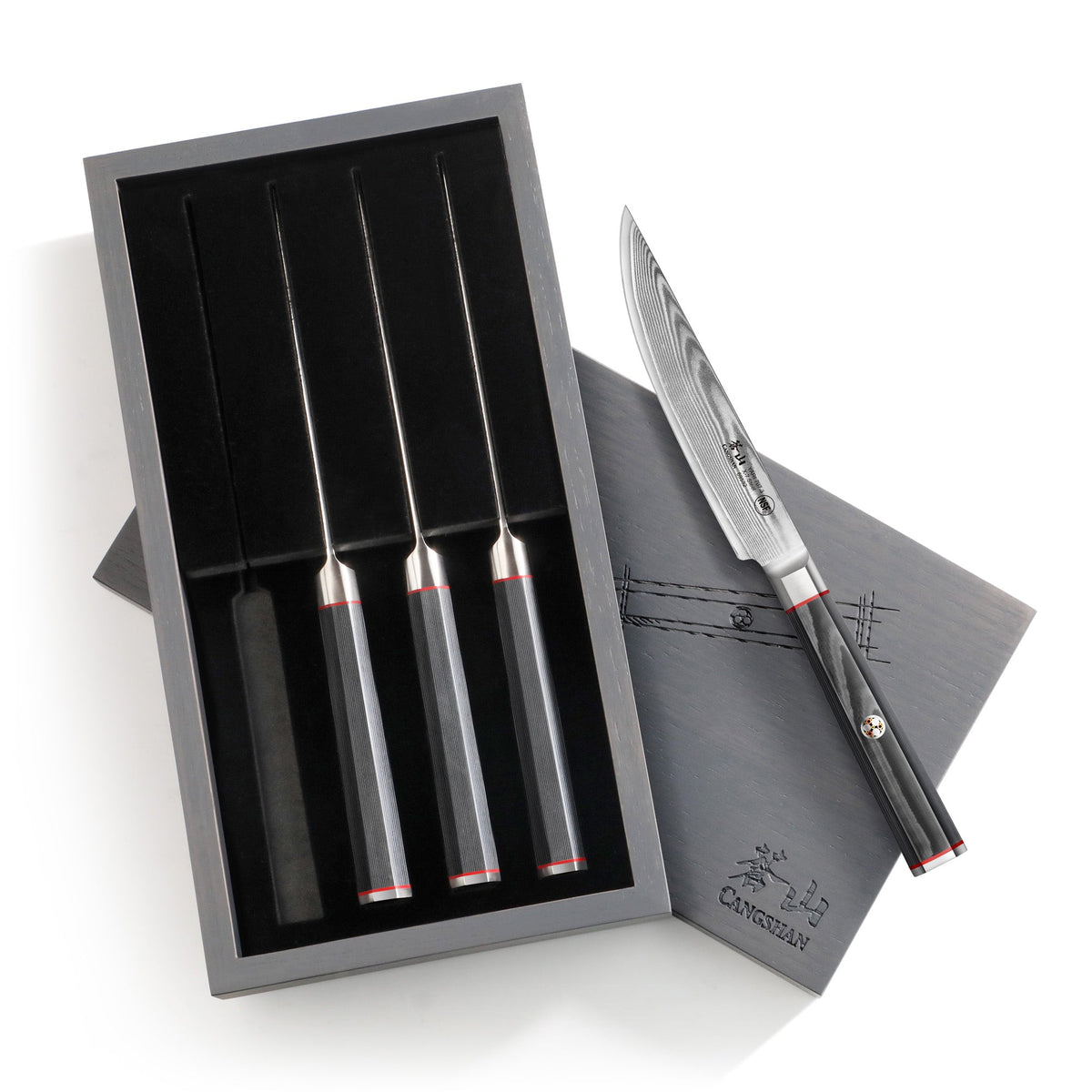 YARI Series 4-Piece Fine Edge Steak Knife Set with Ash Wood Box, X-7 Damascus Steel, 501325