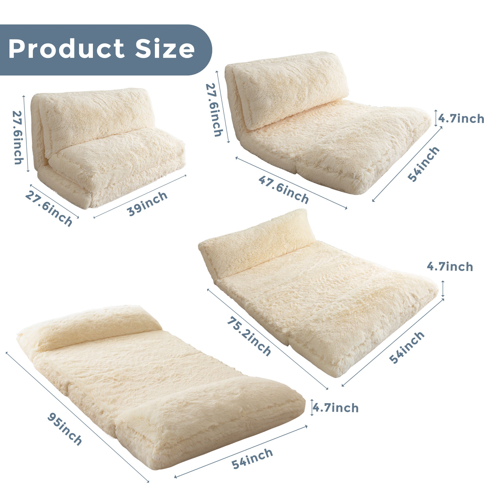 MAXYOYO Bean Bag Folding Floor Sofa Bed, Faux Fur Foam Filling Wall Couch Sleeper Chairs, Beige