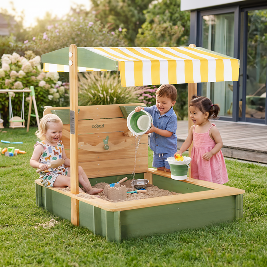 ROBUD Kids Wooden Outdoor Sandbox with 180° Adjustable Canopy