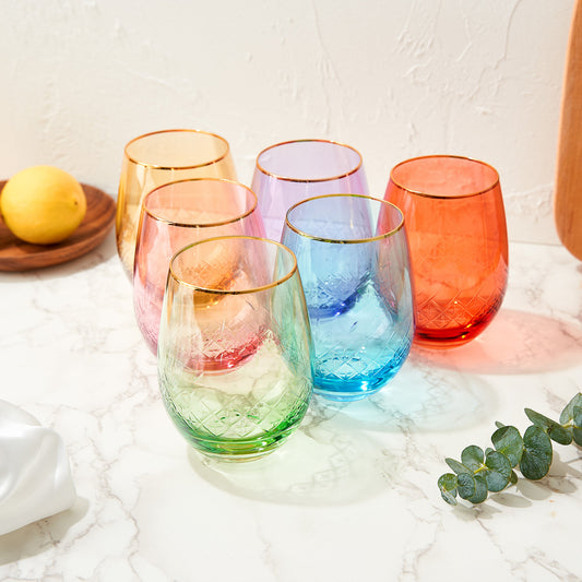 Vintage Crystal Colored Wine Gold Rim Glasses | Set of 6