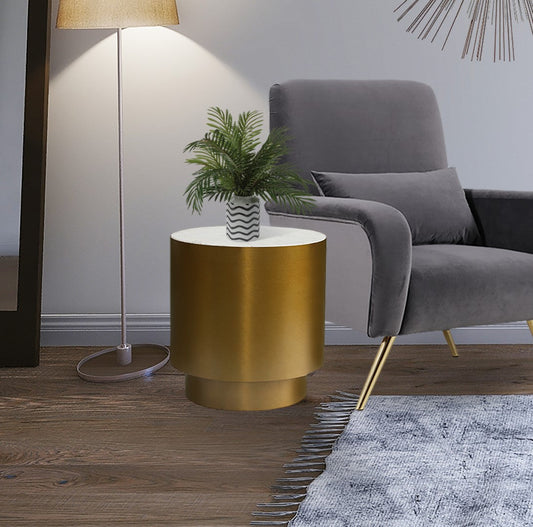 Presley Contemporary End Table with Genuine Marble Top & Brushed Gold Metal Base for Chic Decor