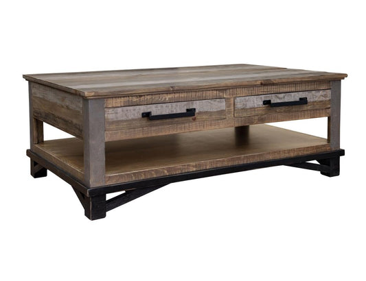 4 Drawer Cocktail Table - Loft Brown Pine Wood with Iron Hardware