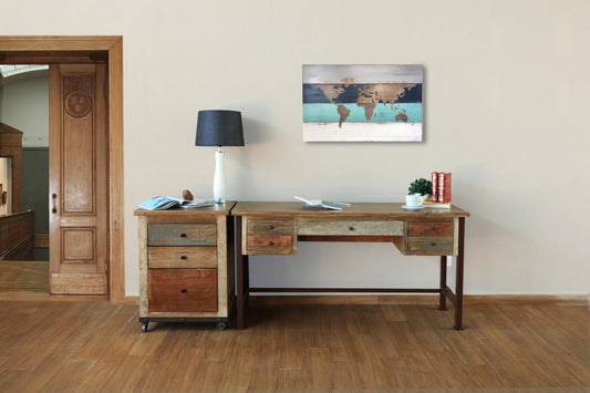 5 Drawer Desk - Antique Multicolor Solid Pine Wood