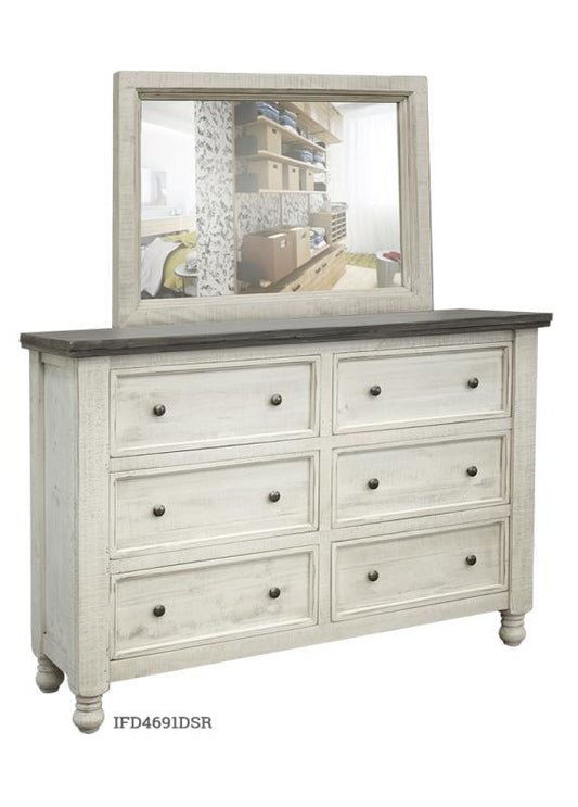 6 Drawer Dresser - Farmhouse White & Gray Solid Pine Wood