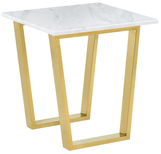 Cameron Contemporary End Table - Gold Stainless Steel & Stunning Marble Veneer Design, 20”W x 22”H