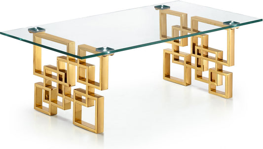 Pierre Contemporary Coffee Table with Gold Stainless Steel Base and Thick Glass Top for Glam Style