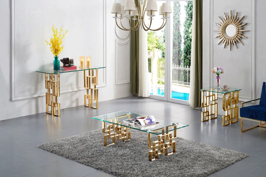 Pierre Contemporary Coffee Table with Gold Stainless Steel Base and Thick Glass Top for Glam Style