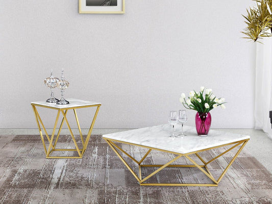 Mason Contemporary Coffee Table with Gold Stainless Steel Base & Genuine Stone Top – Stylish Decor!