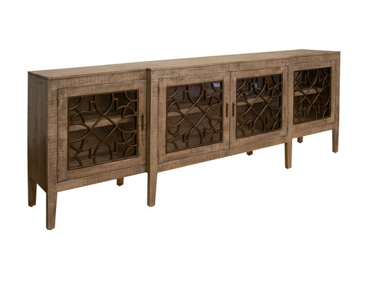4 Door Mandala Console - Pine Wood Glass Door Cabinet
