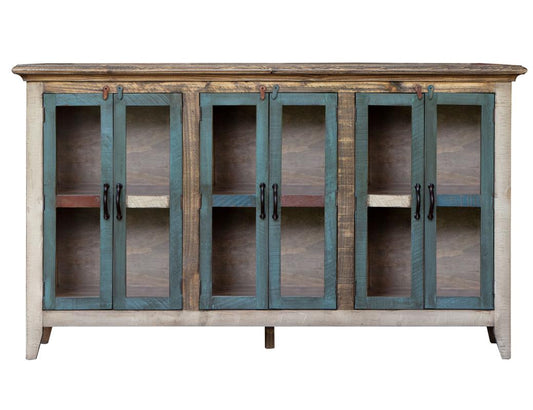 6 Glass Doors 73" Console - Antique Solid Pine Rustic Furniture