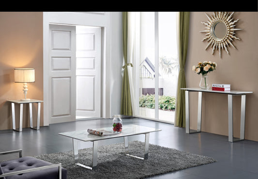 Carlton Contemporary Chrome Coffee Table with Genuine Marble Veneer Top for Modern Living Rooms