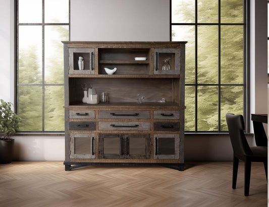 6 Drawer 6 Door Buffet Hutch - Loft Brown Pine Wood Collection