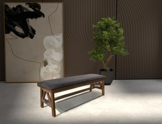 Loft Brown Solid Pine Wood Bench - Grey Fabric Upholstery