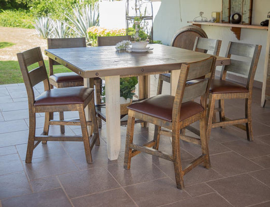 Barstool 24" - Antique Multicolor Solid Pine Wood with Faux Leather