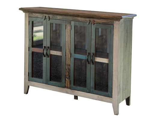 4 Glass Door 50" Console - Antique Pine Rustic Furniture