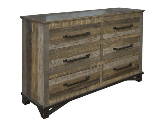 6 Drawer Dresser - Loft Brown Pine Wood Collection with Iron Hardware