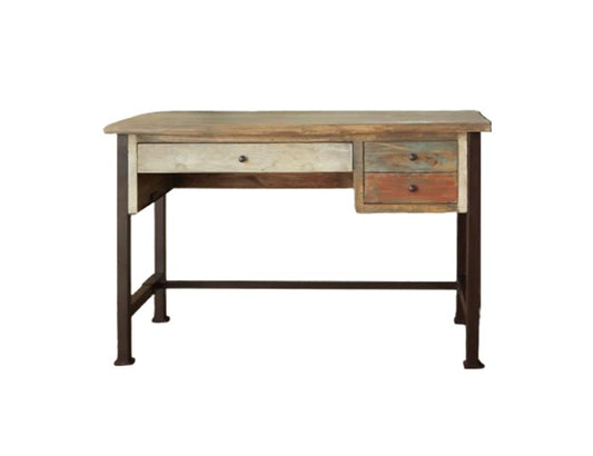 3 Drawer Desk - Rustic Antique Multicolor Solid Pine Wood