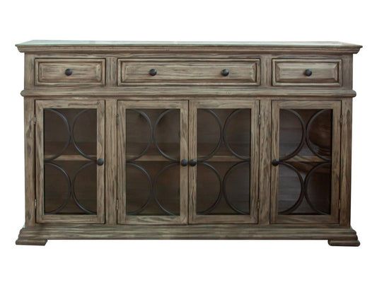 4 Glass Doors 3 Drawers Console Table - Solid Pine Wood
