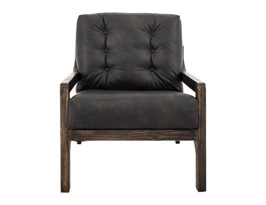 Balam Wooden Frame Armchair - Black Faux Leather Button Tufted