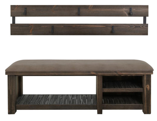 Dutton Collection Pine Wood Coat Rack & Bench - Dark Rustic Hall Tree