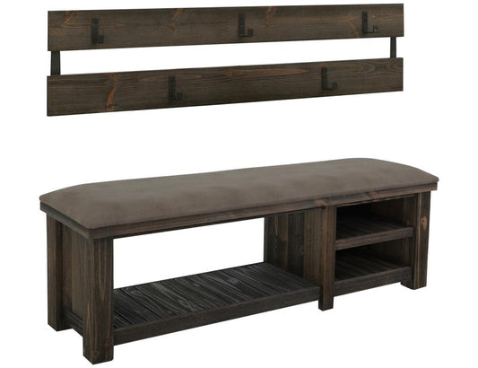 Dutton Collection Pine Wood Coat Rack & Bench - Dark Rustic Hall Tree