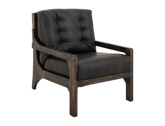 Balam Wooden Frame Armchair - Black Faux Leather Button Tufted