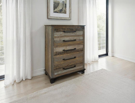 5 Drawer Chest - Loft Brown Pine Wood Collection with Iron Hardware