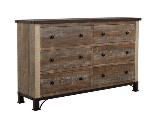 6 Drawer Dresser - Solid Pine Wood Antique Rustic Style