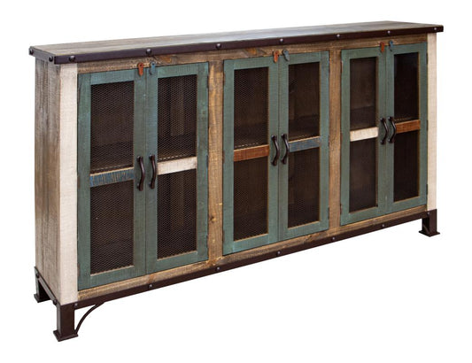 6 Iron Mesh Door 71" Console - Rustic Antique Multicolor