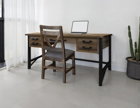 5 Drawer Desk - Loft Brown Pine Wood Desk with Iron Hardware
