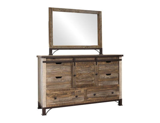 6 Drawer Dresser with Sliding Door | Antique Pine Wood