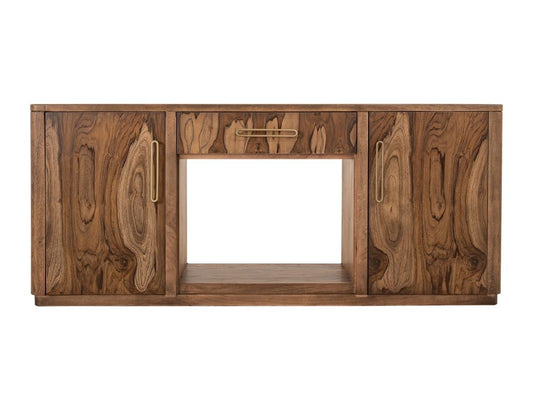 70 Inch Mango Teak TV Stand with Fireplace Insert & Storage
