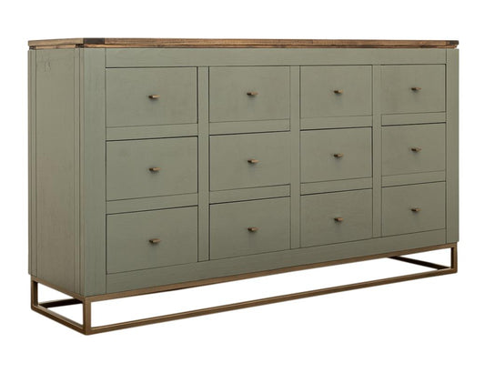 12 Drawer Timber Console Table - Green Wood Storage Furniture