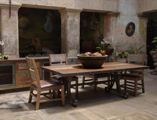 Iron Base Dining Table - Rustic Antique Multicolor Pine Wood