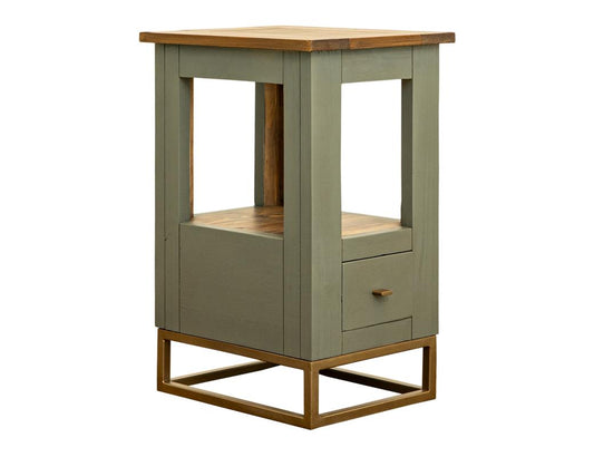 Timber Chairside Table - Green Lacquer Wood with Drawer & Shelf