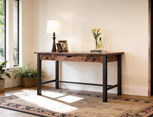 3 Drawer Desk - Parota Wood with Metal Details