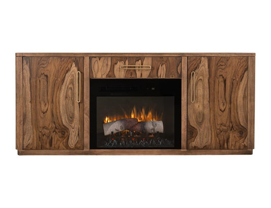70 Inch Mango Teak TV Stand with Fireplace Insert & Storage