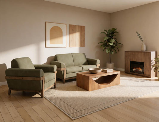 Mezquite Armchair - Mid-Century Green Faux Leather & Solid Pine Wood