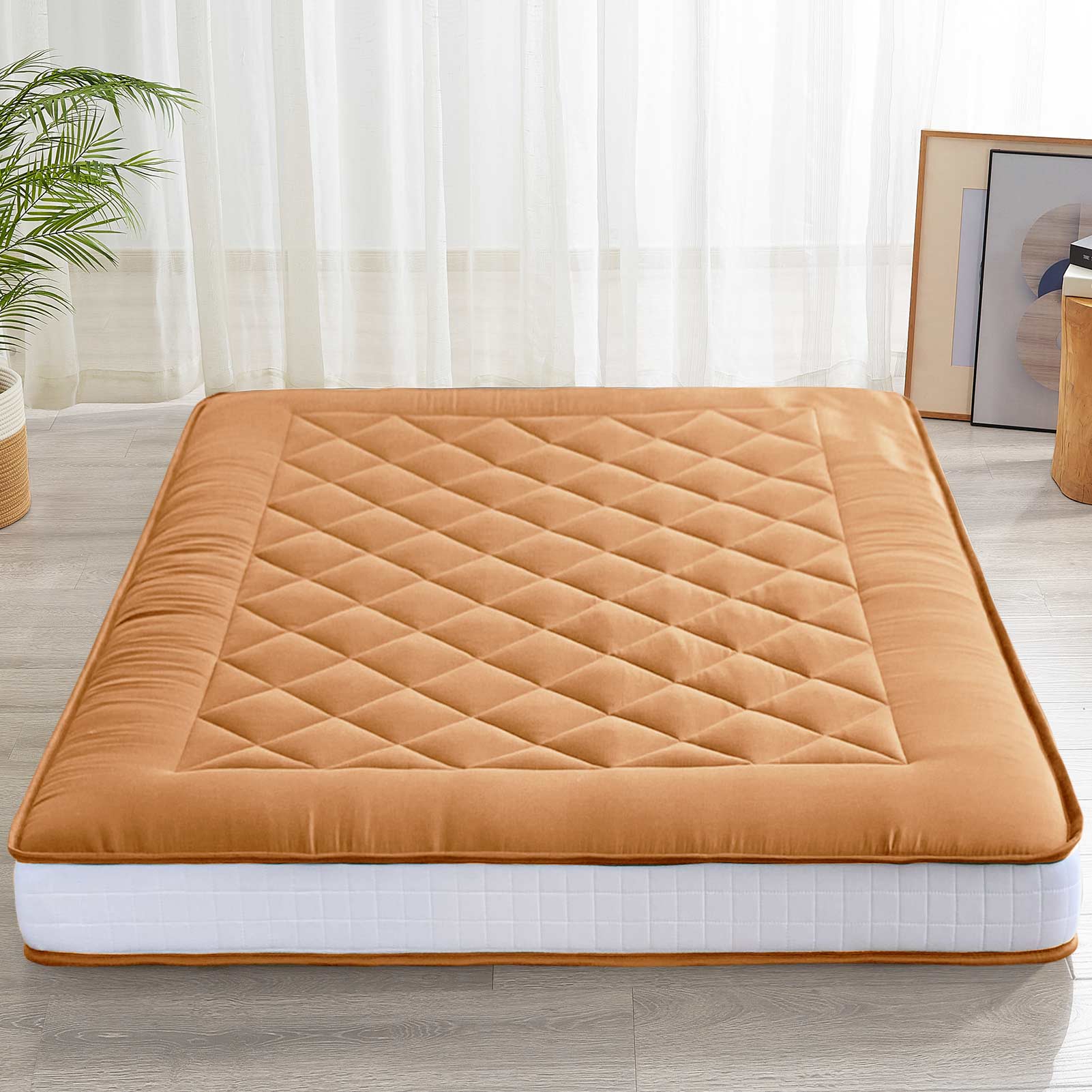 MAXYOYO 6" Extra Thick Japanese Futon Mattress with Rectangle Quilted, Stylish Floor Bed For Family, Light Brown