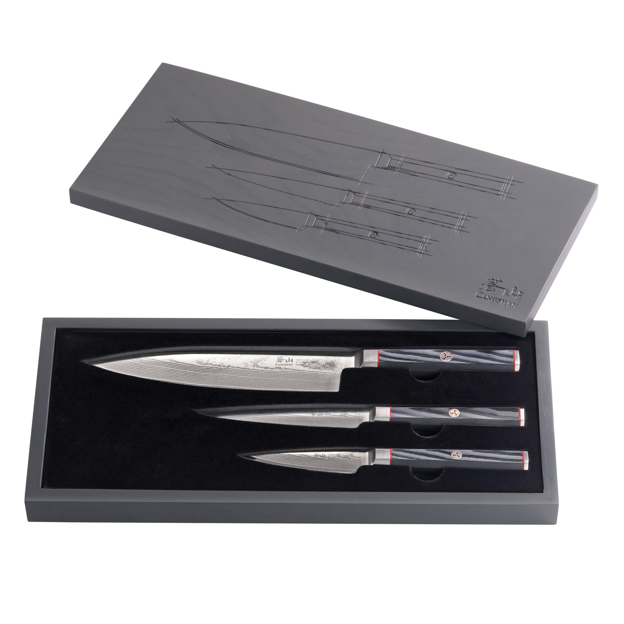 YARI Series 3-Piece Starter Knife Set with Ash Wood Box, X-7 Damascus Steel, 501356