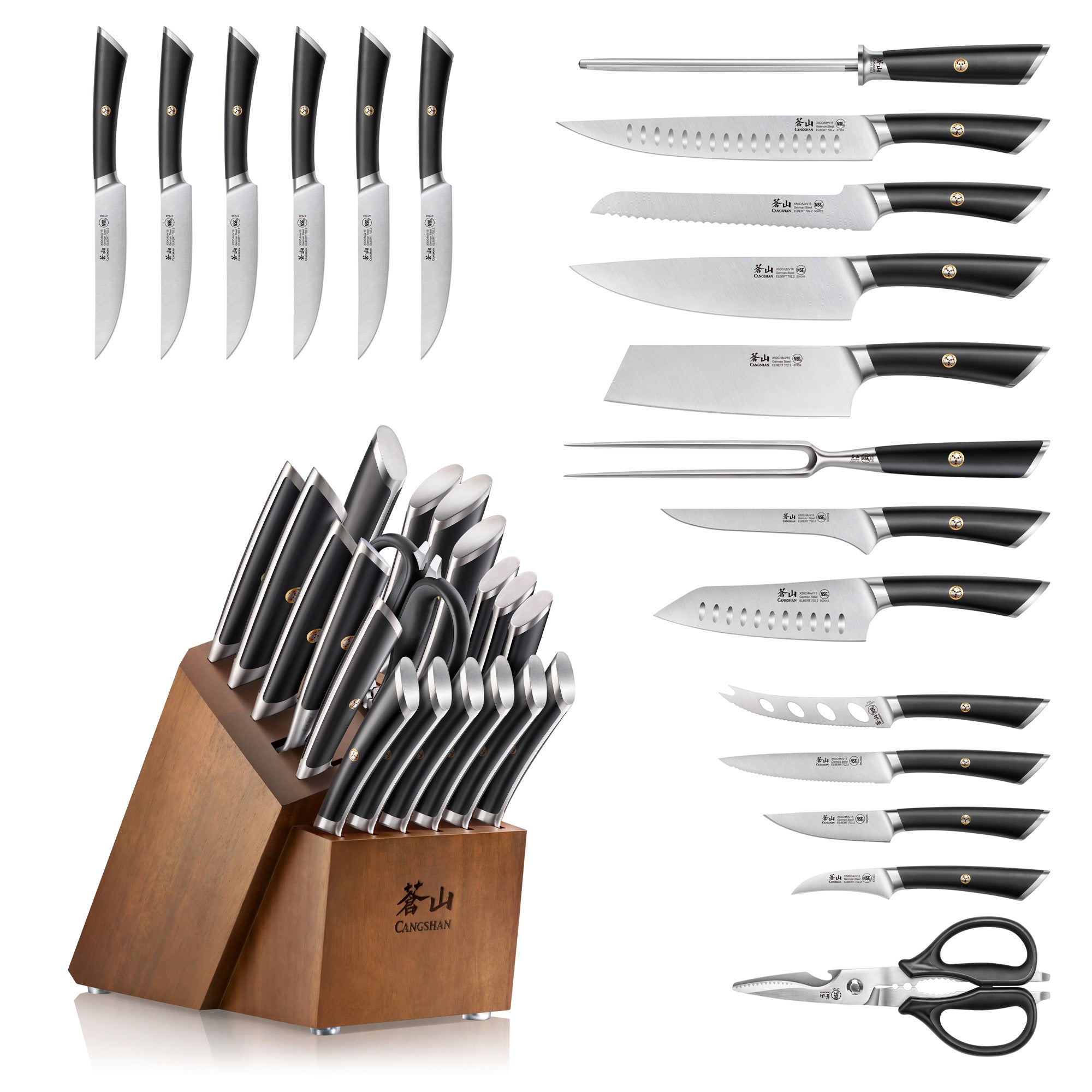 ELBERT Series 20-Piece Knife Block Sets, Forged German Steel, Acacia Block