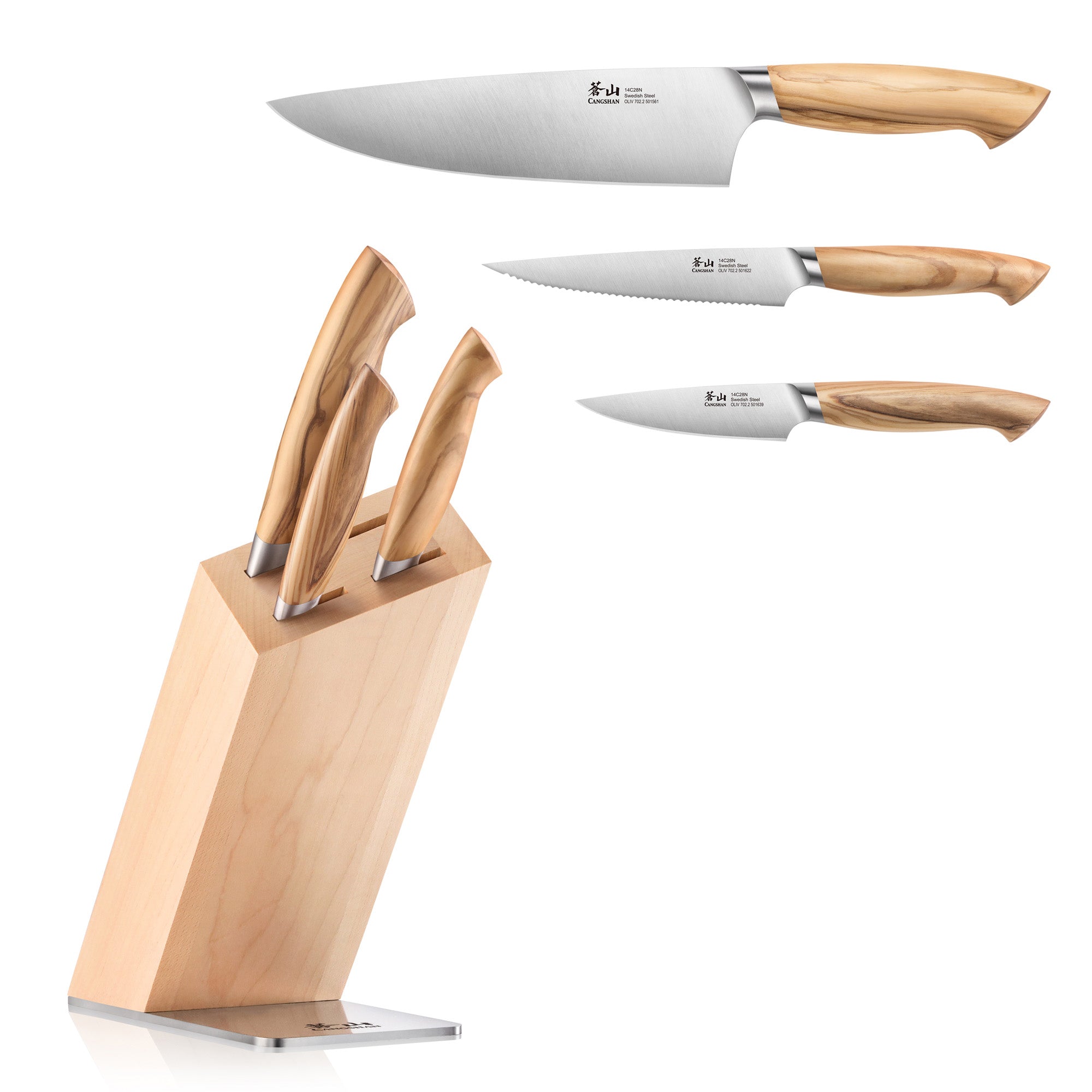 OLIV Series 4-Piece Knife Block Set, Forged Swedish 14C28N Steel, HUA Maple Block, 501677