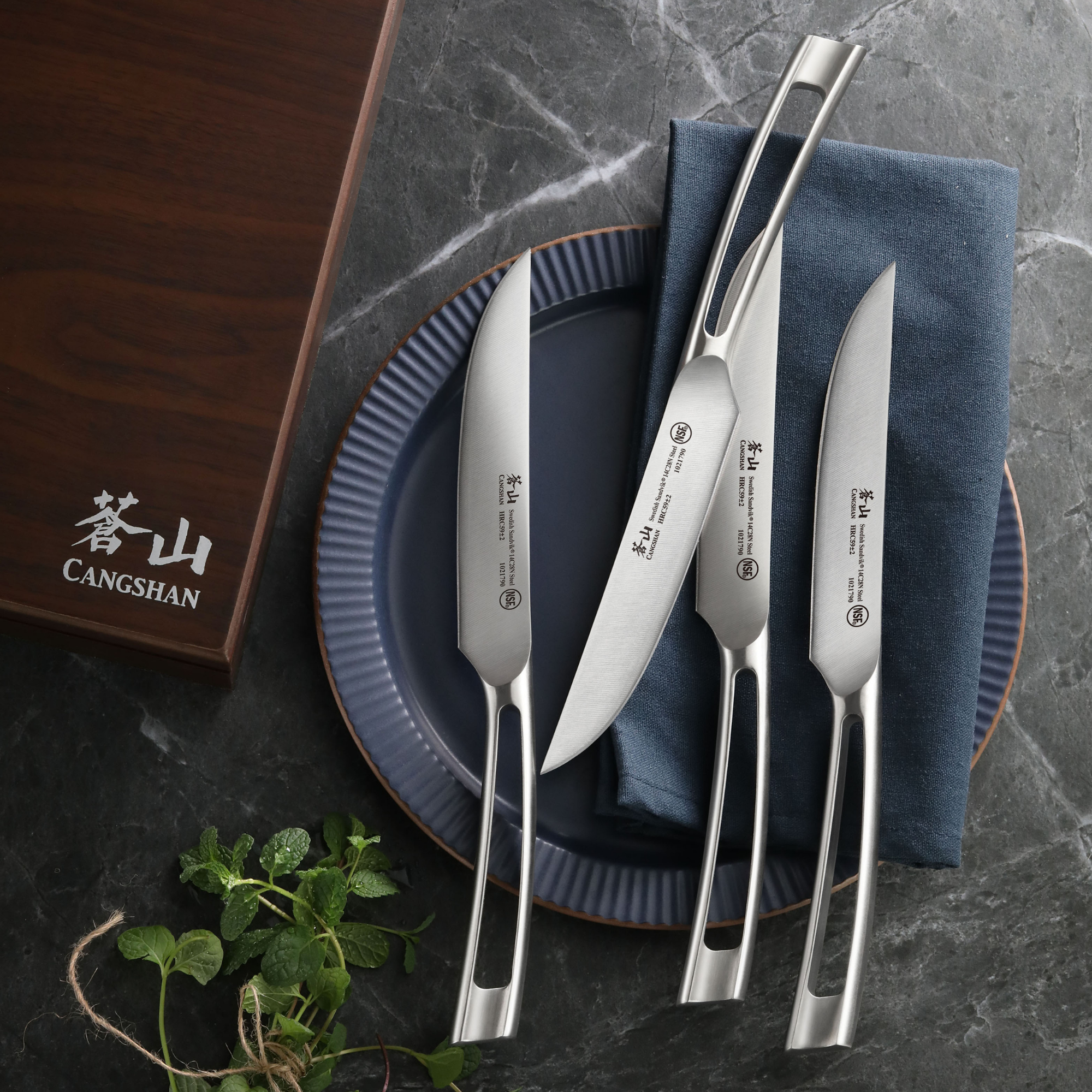 TN1 Series 8-Piece Straight Edge Steak Knife Set w/ Walnut Box, Forged Swedish 14C28N Steel, 1024111