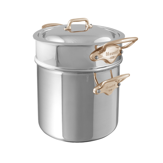 Mauviel Stainless Steel 3-Piece Pasta Set With Brass Handles, 9.7-qt Stock Pot & Insert
