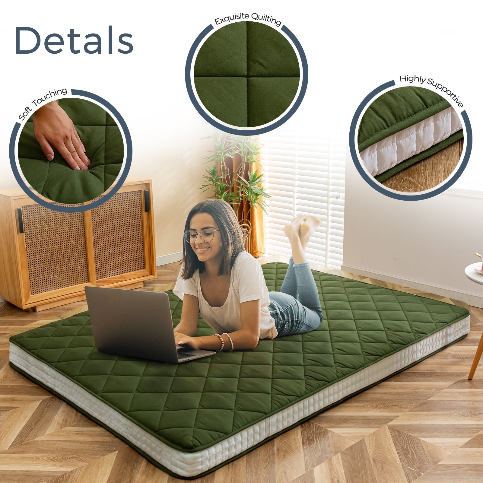 MAXYOYO 6" Extra Thick Floor Futon Mattress, Diamond Quilting, Green