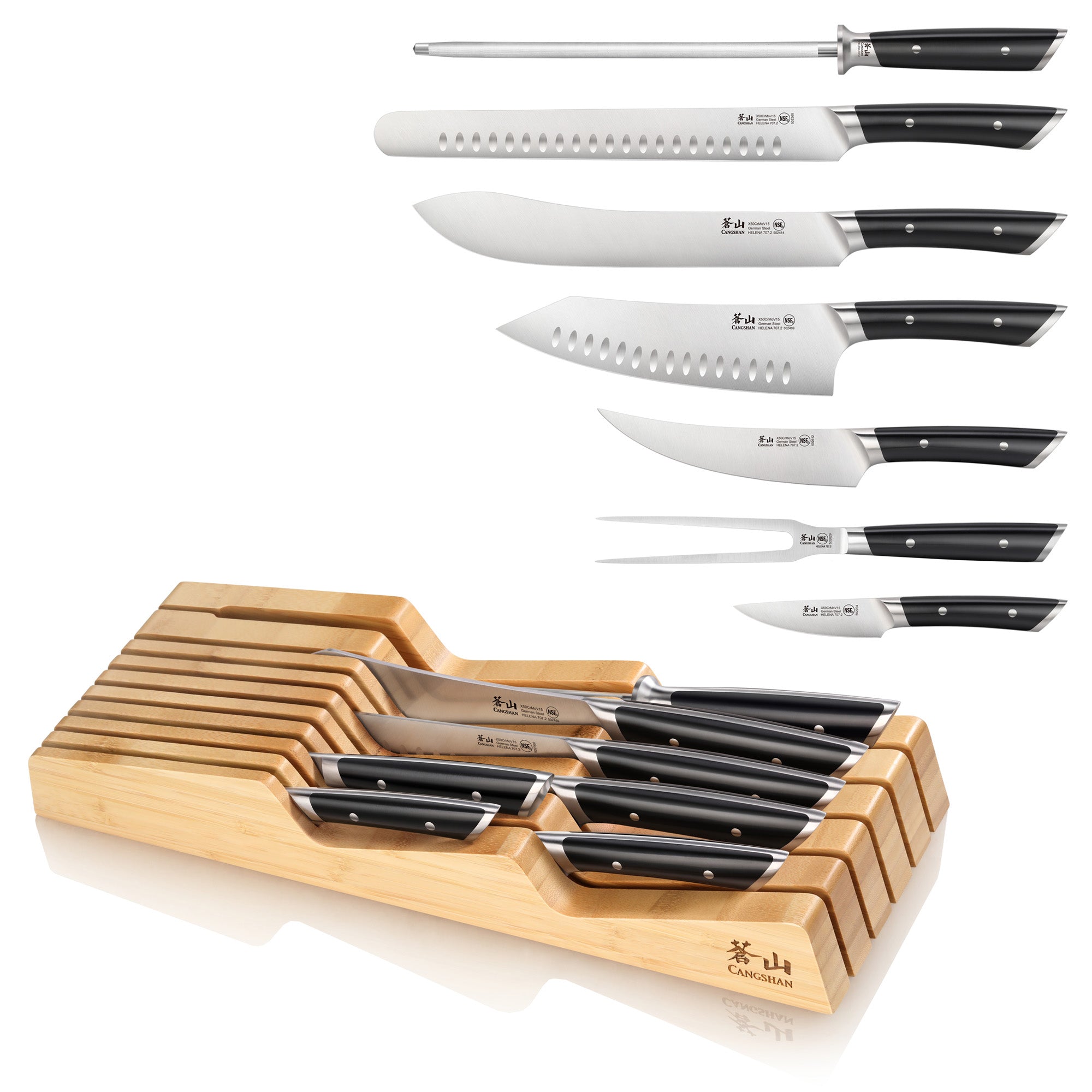 HELENA Series 8-Piece In-Drawer BBQ Knife Set, Forged German Steel, Bamboo Tray